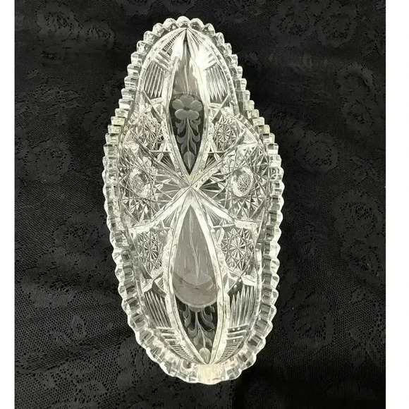 VTG American Brilliant Clear Cut Glass Oblong Relish Tray Celery Bowl 11" HEAVY - Picture 13 of 16